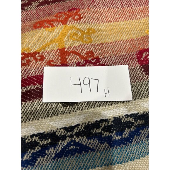 Southwestern Style Beige Poncho With Multicolor Pattern & Fringe Details - Picture 5 of 6